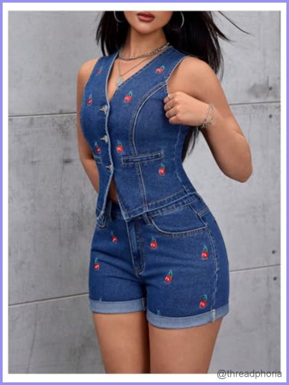 Sleeveless Denim Vest with Cherry Embroidery Button Down V Neck Fitted Y2K - Picture 3 of 3